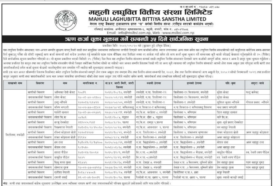 Tilottama Branch 35 days notice 2